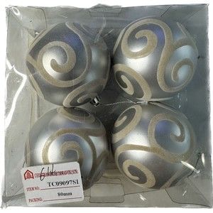 Vintage Flocked Swirl Silver Christmas House Bauble Ornaments NIB Set of 4
